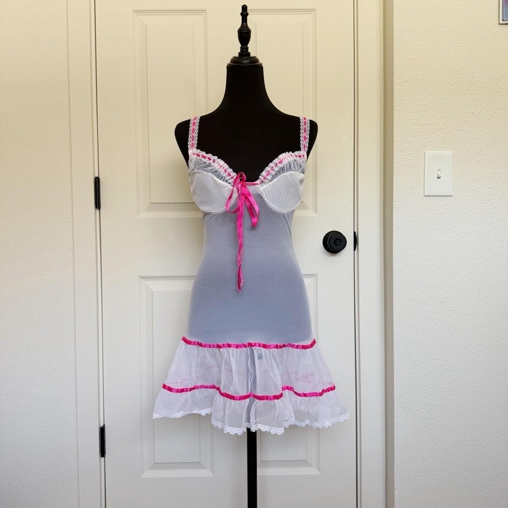 Vintage 90s Faris White & Hot Pink Lingerie Dress — Size L